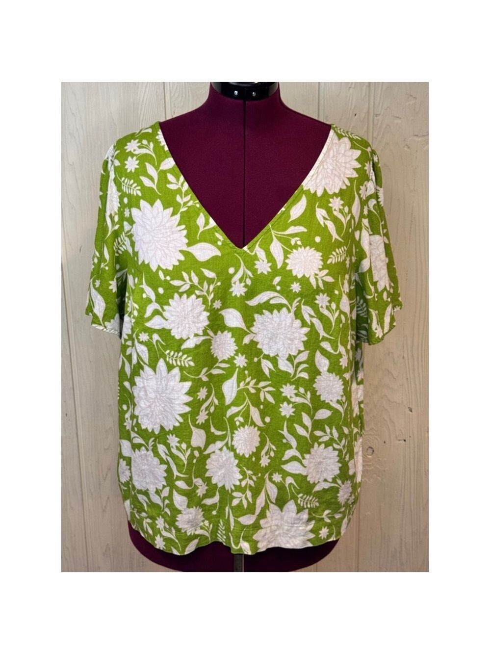 AVA VIV Floral Print Top Women's Size XL Green Linen Blend